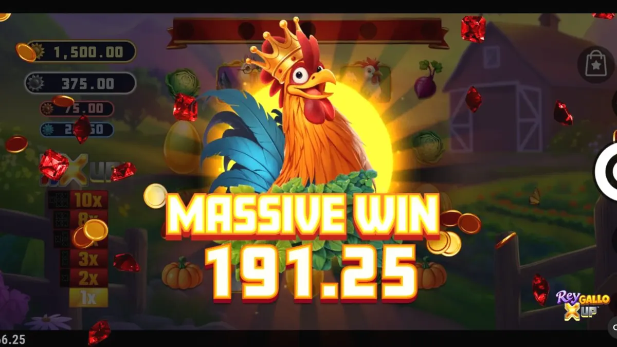 Rey Gallo X UP slot machine interface with farm theme