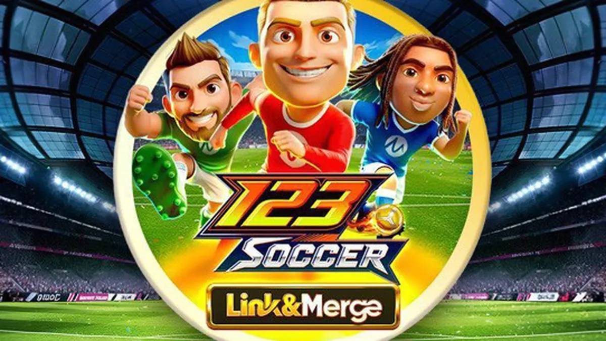 Tampilan visual slot 123 Soccer Link&Merge dengan tema stadion sepak bola.
